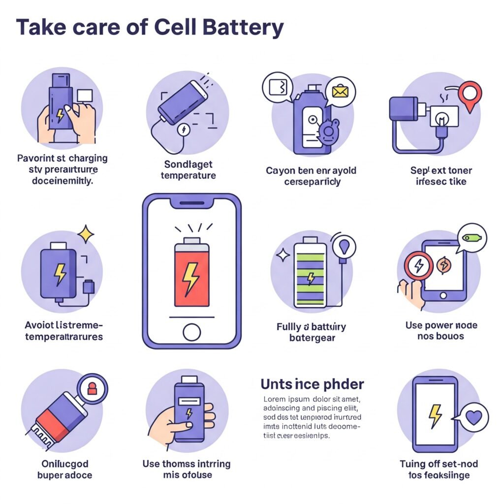 Infografía con consejos para el cuidado de la batería del celular, incluyendo evitar temperaturas extremas, usar cargadores oficiales y modos de ahorro de energía