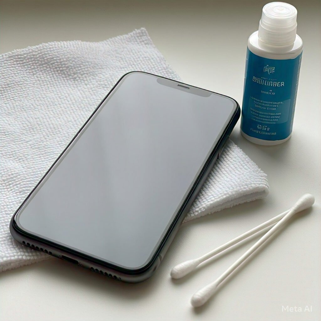 Teléfono móvil con botella de solución limpiadora, hisopos de algodón y toalla de microfibra para la limpieza de dispositivos