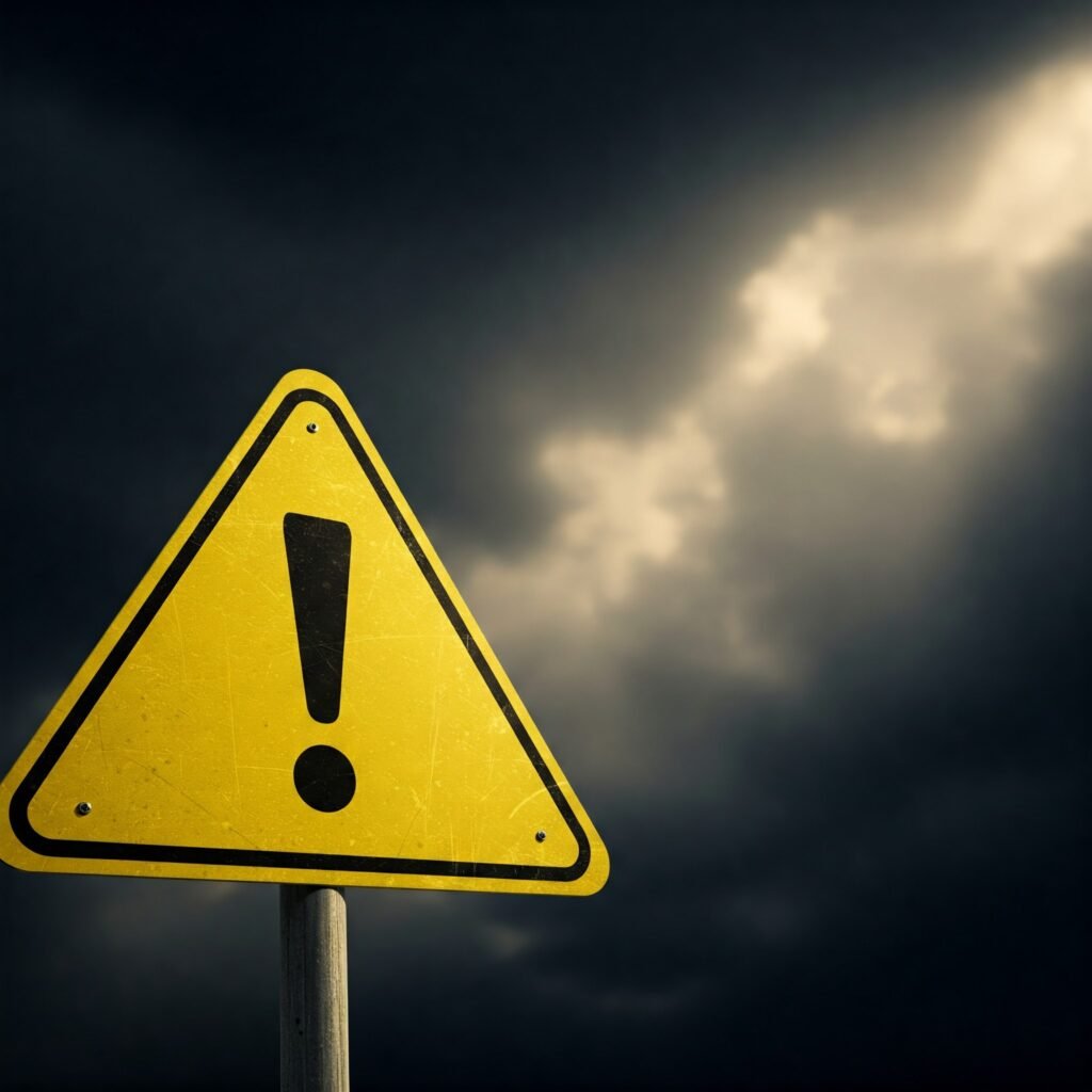 Señal de advertencia amarilla con un signo de exclamación frente a un cielo tormentoso