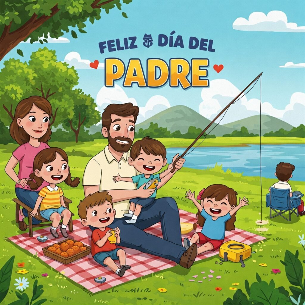 Ilustración del Feliz Día del Padre con una familia de picnic y pescando junto a un lago. Diseño alegre del Día del Padre mostrando a un papá pescando con sus hijos y esposa en un día soleado. Imagen animada de una familia celebrando el Día del Padre con pesca y picnic en la naturaleza. Un papá pescando con su hijo mientras el resto de la familia disfruta de un picnic en el Día del Padre. Dibujo colorido de una familia feliz pasando el Día del Padre pescando y comiendo al aire libre.