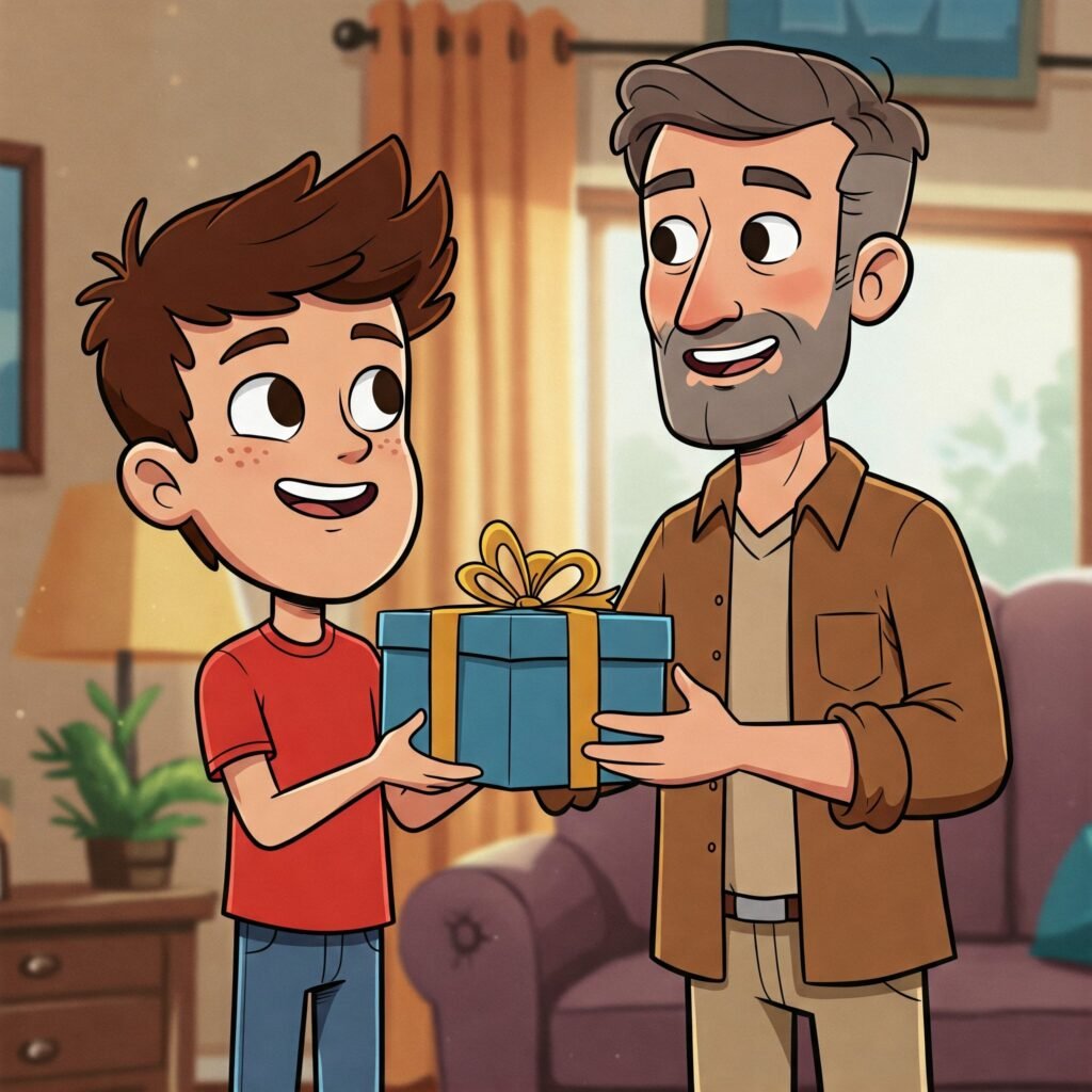 Niño dando un regalo envuelto en azul y dorado a su padre sonriente en el interior de una casa.
Ilustración del Día del Padre con un hijo entregando un presente a su papá.
Un momento tierno entre un padre y su hijo durante la entrega de un regalo.
Dibujo de un niño ofreciéndole un obsequio a su padre sonriente en un ambiente hogareño.
Celebración del Día del Padre: un hijo le da un regalo a su papá con una expresión de cariño