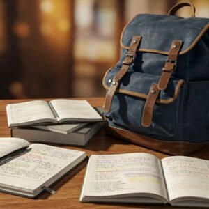 Mochila azul con detalles de cuero junto a cuadernos abiertos y libros sobre un escritorio de madera.
Material de estudio: mochila, cuadernos con anotaciones y libros sobre una mesa.
Escritorio con mochila azul, cuadernos abiertos con subrayados y libros apilados.
Preparación para el estudio: mochila de tela azul y material de lectura y escritura sobre una superficie de madera.
Imagen de una mochila, cuadernos con notas y libros listos para ser usados en el estudio.