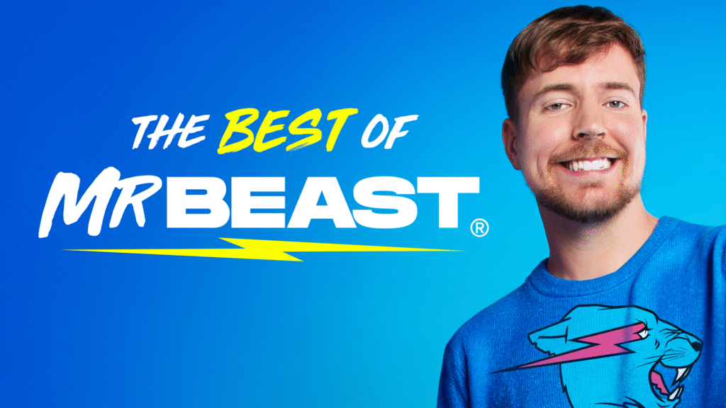 MrBeast sonriendo junto al título "The Best of MrBeast" sobre un fondo azul.
Imagen promocional de "The Best of MrBeast" con MrBeast y su logo.
MrBeast presentando "The Best of MrBeast".
Youtuber MrBeast promocionando su contenido "The Best of".
Anuncio de "The Best of MrBeast" con la imagen sonriente de MrBeast.