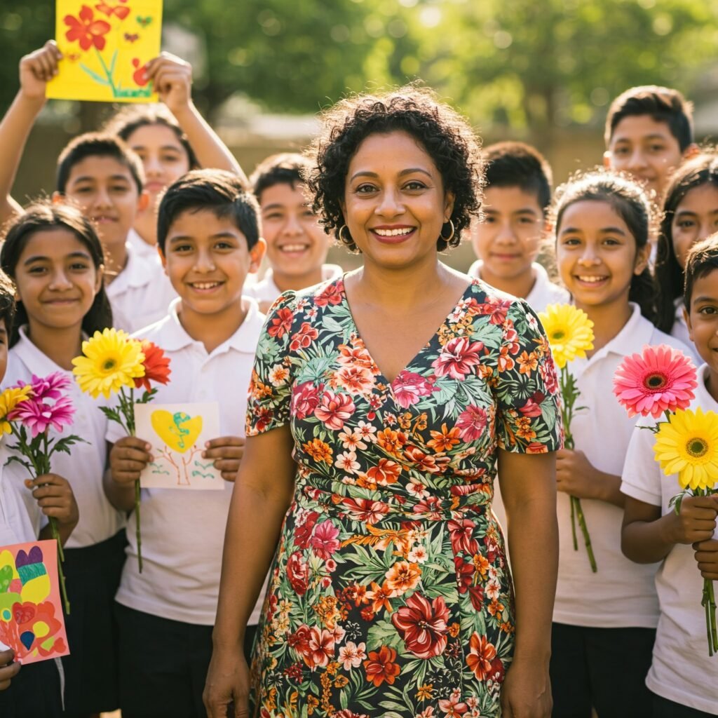 Mujer sonriente con vestido floral rodeada de niños con flores y dibujos al aire libre. Grupo de niños felices con su maestra sonriendo a la cámara, algunos sosteniendo flores y arte infantil. Retrato de una maestra sonriente con un grupo diverso de niños mostrando flores y dibujos en un entorno soleado. Mujer adulta sonriendo en primer plano rodeada de niños alegres con flores y creaciones artísticas. Escena al aire libre con una maestra y sus alumnos sonriendo y mostrando flores y dibujos