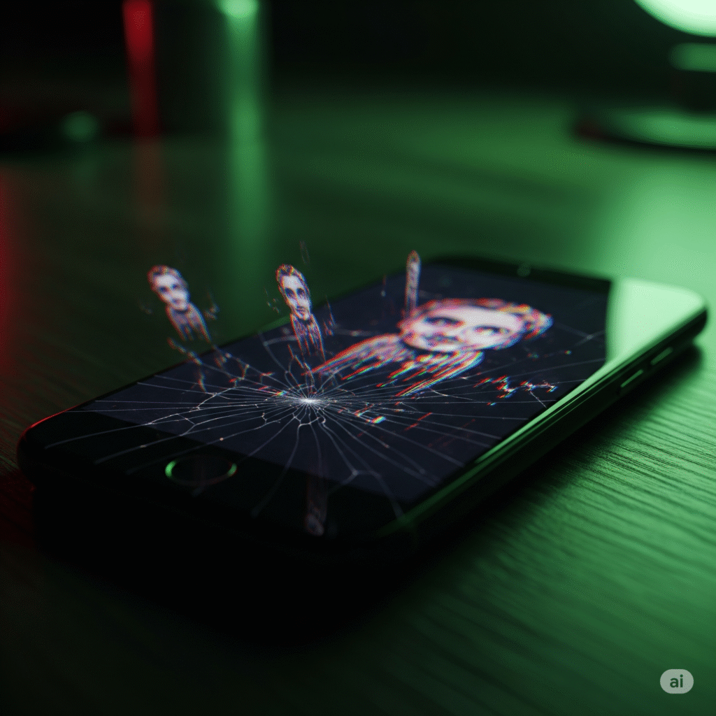 Teléfono con pantalla rota mostrando una figura masculina distorsionada saliendo de la pantalla con efecto glitch.