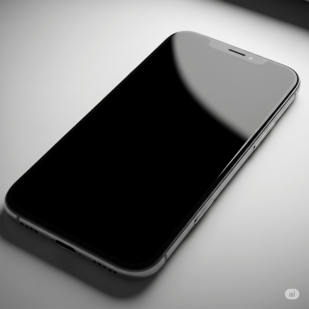 iPhone con pantalla negra apagada sobre superficie clara