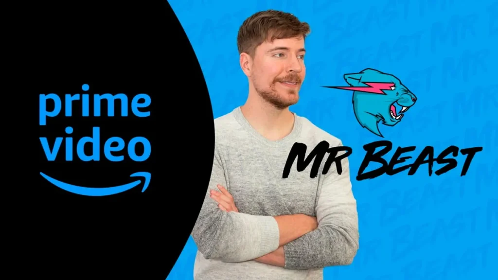 MrBeast promocionando su contenido en Prime Video con el logo de Prime Video y el logo de MrBeast.